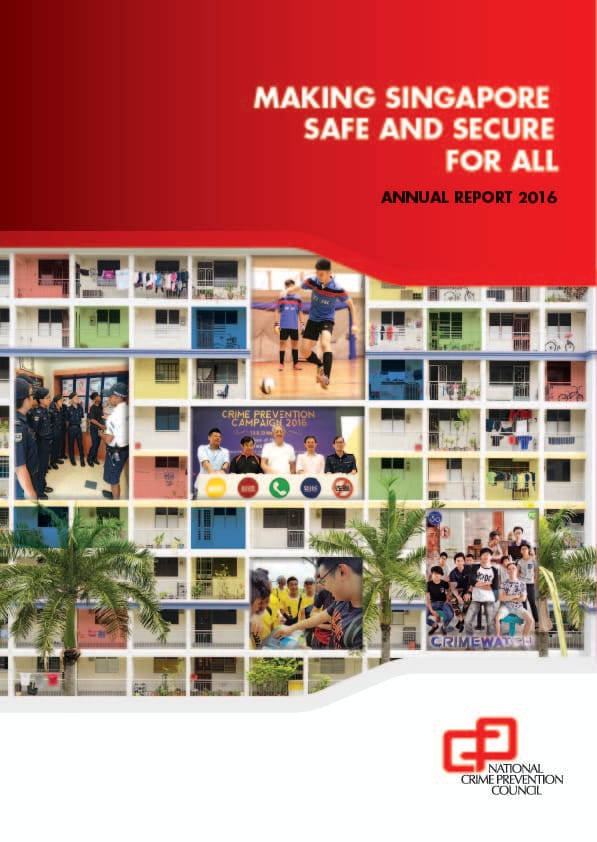 A cover design featuring a background of a multi-colored HDB block apartment facade inlaid with various community photographs and campaign banners (such as the "Crime Prevention Campaign 2016" and "Crimewatch"), set beneath a red header and accompanied by the official NCPC logo at the bottom right.